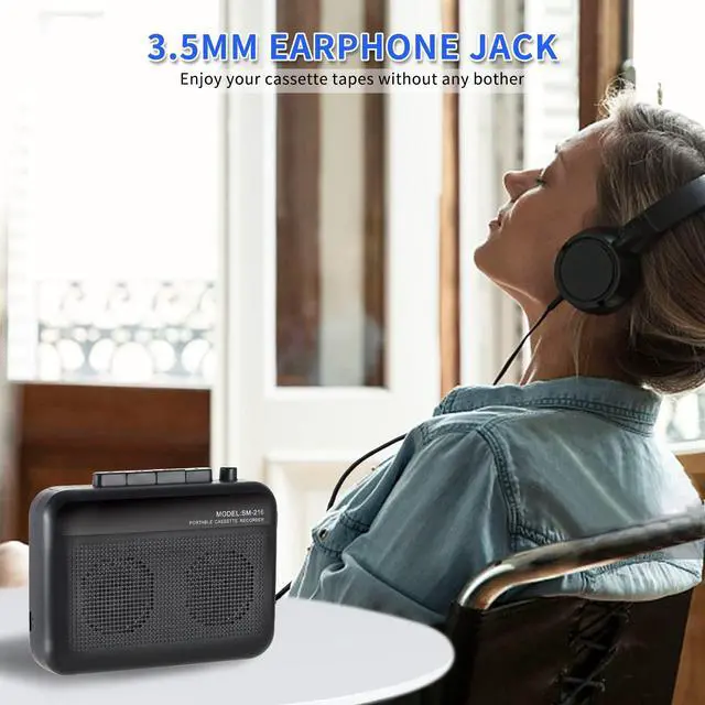 Alt view image 6 of 6 - Cassette Player Recorder with Bluetooth Transmitter, Small Cassette Tape Player with Headphone Jack, Build-in Speaker, Microphone Jack, Powered by AC Adapter or AA Battery- Black