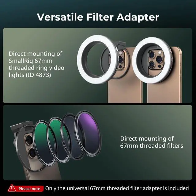 Alt view image 4 of 6 - Universal 67mm Threaded Filter Adapter for Phone Photography, Compatible with 67mm Threaded Filters & LED Lights, Built-in Cold Shoe Mount -5174
