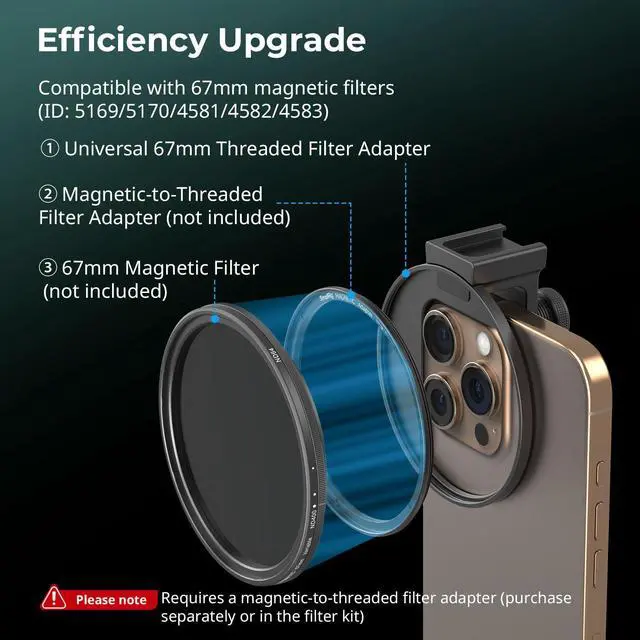 Alt view image 5 of 6 - Universal 67mm Threaded Filter Adapter for Phone Photography, Compatible with 67mm Threaded Filters & LED Lights, Built-in Cold Shoe Mount -5174