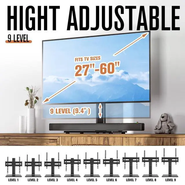 Alt view image 2 of 6 - Universal TV Stand/Base Table Top TV Stand with Wall Mount for Most 27 30 32 39 40 42 43 49 50 55 60 Inch LCD LED Plasma Flat Screen TVs, Vesa Mount Holds up to 88 lbs, 9 Level Height Adjustable