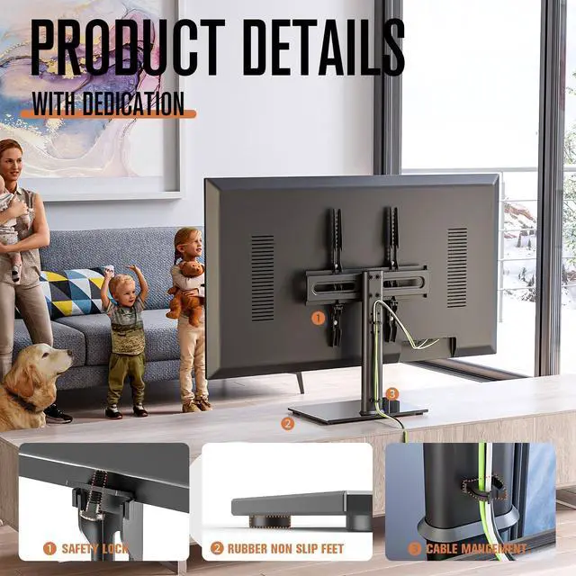 Alt view image 3 of 6 - Universal TV Stand/Base Table Top TV Stand with Wall Mount for Most 27 30 32 39 40 42 43 49 50 55 60 Inch LCD LED Plasma Flat Screen TVs, Vesa Mount Holds up to 88 lbs, 9 Level Height Adjustable