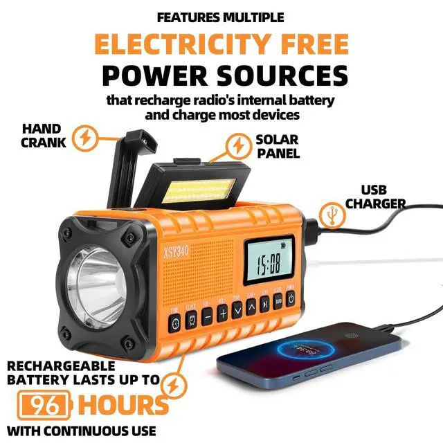 Alt view image 3 of 6 - 10000mAh Emergency Radio with NOAA Weather Portable Solar Powered Hand Crank AM/FM Survival Digital Display Radio,Alarm Clock,SOS Emergency Flashlight,Family Emergency Essentials