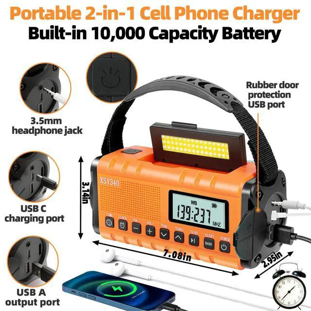 Alt view image 5 of 6 - 10000mAh Emergency Radio with NOAA Weather Portable Solar Powered Hand Crank AM/FM Survival Digital Display Radio,Alarm Clock,SOS Emergency Flashlight,Family Emergency Essentials