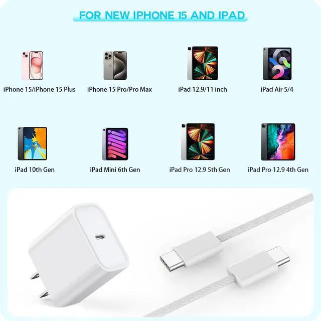 Alt view image 2 of 6 - Long Charger for iPhone 16e Charge Fast Charging, 20W USB C PD Wall Adapter | 2-Pack 6FT Type C to C i Phone 15 Charging Woven Cable Cord for iPhone 16/16e/16 Pro/15/15 Plus/15 Pro Max,iPad Pro/Air/Mi