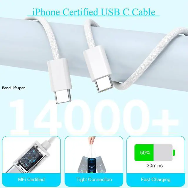 Alt view image 5 of 6 - Long Charger for iPhone 16e Charge Fast Charging, 20W USB C PD Wall Adapter | 2-Pack 6FT Type C to C i Phone 15 Charging Woven Cable Cord for iPhone 16/16e/16 Pro/15/15 Plus/15 Pro Max,iPad Pro/Air/Mi