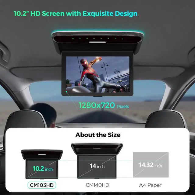 Alt view image 4 of 6 - 10.2 Inch Car Overhead Player, Supports HDMI, WiFi, Built-in Speaker | 1280*720 IPS Screen Flip Down Car Roof-Mount Monitor, Support HDMI, USB, AV Input, In-Car Entertainment