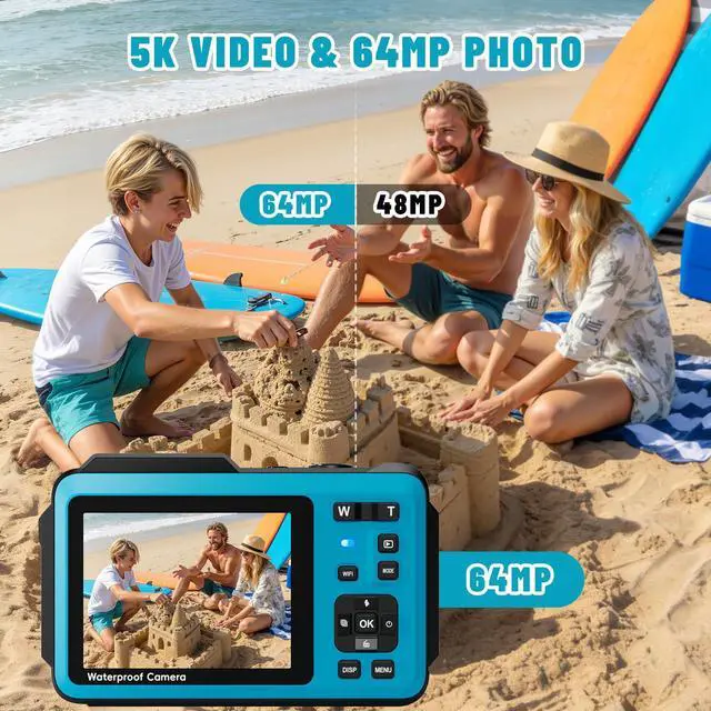 Alt view image 2 of 5 - 5K Underwater Digital Camera,64MP Waterproof Camera,16FT Floating Camera | for Snorkeling,Scuba Diving,Surfing,Swimming,Kayaking,Autofocus,Dual-Screen,16X Zoom,Fill Light,32GB Card,Type-C Rechargeable