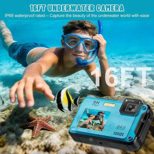Alt view image 3 of 5 - 5K Underwater Digital Camera,64MP Waterproof Camera,16FT Floating Camera | for Snorkeling,Scuba Diving,Surfing,Swimming,Kayaking,Autofocus,Dual-Screen,16X Zoom,Fill Light,32GB Card,Type-C Rechargeable