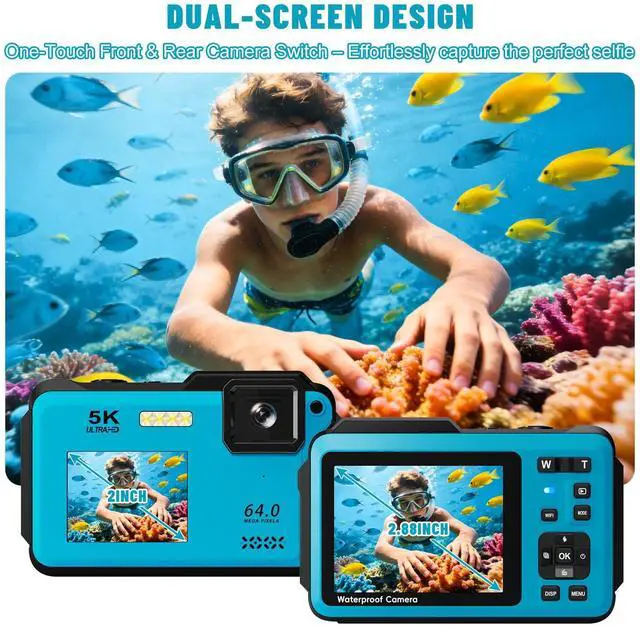 Alt view image 4 of 5 - 5K Underwater Digital Camera,64MP Waterproof Camera,16FT Floating Camera | for Snorkeling,Scuba Diving,Surfing,Swimming,Kayaking,Autofocus,Dual-Screen,16X Zoom,Fill Light,32GB Card,Type-C Rechargeable