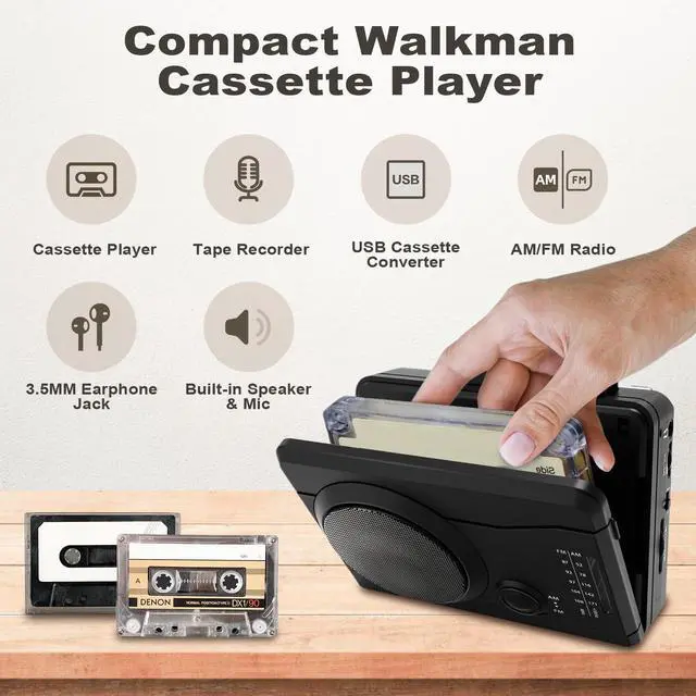 Alt view image 2 of 6 - Portable Cassette Player Tape Recorder, Cassette Tape to MP3 Digital Converter, AM/FM Radio Station, Reverse Recording - Record from PC to Blank Tapes(Black) | Compact Size,Feature-rich