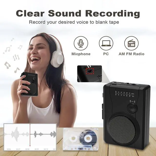Alt view image 3 of 6 - Portable Cassette Player Tape Recorder, Cassette Tape to MP3 Digital Converter, AM/FM Radio Station, Reverse Recording - Record from PC to Blank Tapes(Black) | Compact Size,Feature-rich