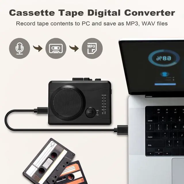 Alt view image 4 of 6 - Portable Cassette Player Tape Recorder, Cassette Tape to MP3 Digital Converter, AM/FM Radio Station, Reverse Recording - Record from PC to Blank Tapes(Black) | Compact Size,Feature-rich