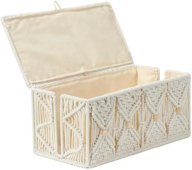 Main image of Cable Management Box Handmade Macrame Cord Storage Organizer | Power Strips Outlet Router Adapter TV Wire Hider Cover Under Desk Natural Cotton Rope Woven Basket w/ Lid, Off White, Large
