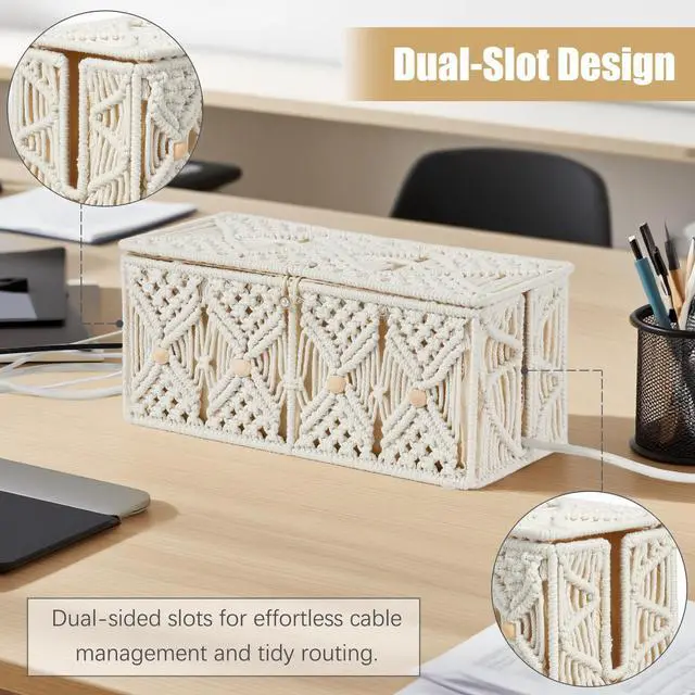 Alt view image 2 of 6 - Cable Management Box Handmade Macrame Cord Storage Organizer | Power Strips Outlet Router Adapter TV Wire Hider Cover Under Desk Natural Cotton Rope Woven Basket w/ Lid, Off White, Large