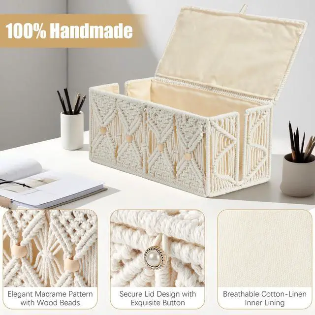 Alt view image 3 of 6 - Cable Management Box Handmade Macrame Cord Storage Organizer | Power Strips Outlet Router Adapter TV Wire Hider Cover Under Desk Natural Cotton Rope Woven Basket w/ Lid, Off White, Large