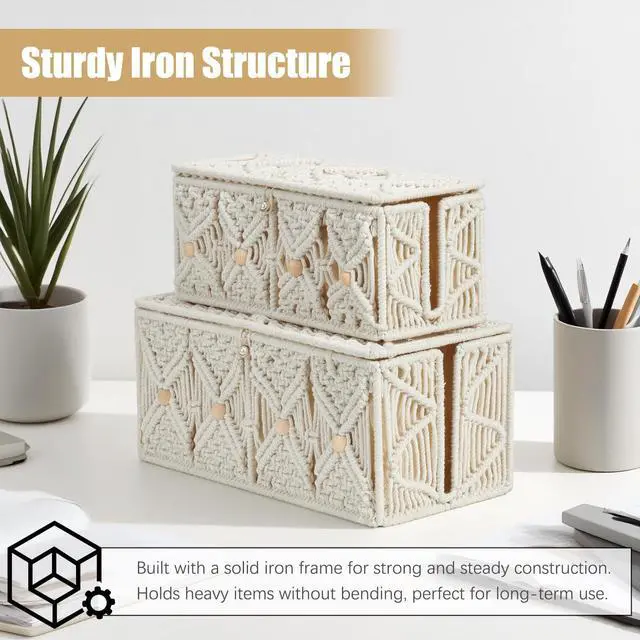 Alt view image 4 of 6 - Cable Management Box Handmade Macrame Cord Storage Organizer | Power Strips Outlet Router Adapter TV Wire Hider Cover Under Desk Natural Cotton Rope Woven Basket w/ Lid, Off White, Large