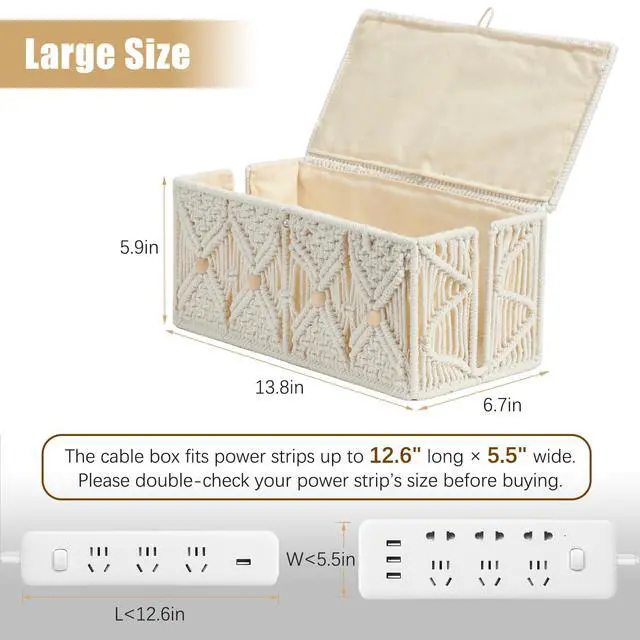 Alt view image 5 of 6 - Cable Management Box Handmade Macrame Cord Storage Organizer | Power Strips Outlet Router Adapter TV Wire Hider Cover Under Desk Natural Cotton Rope Woven Basket w/ Lid, Off White, Large