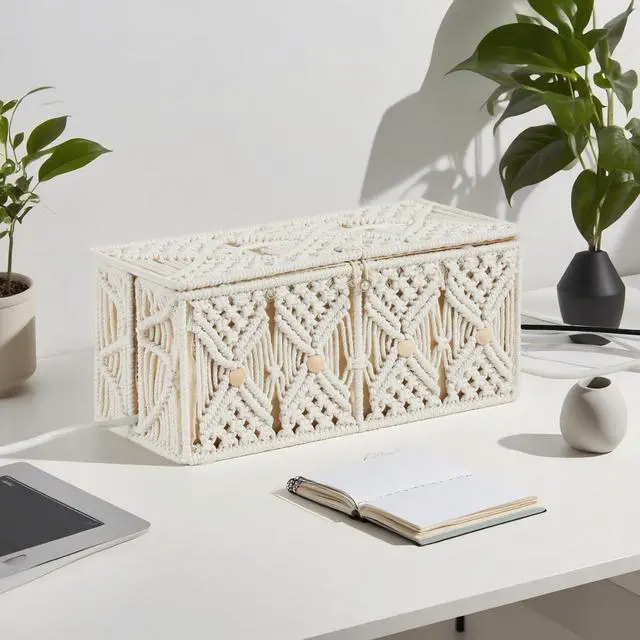 Alt view image 6 of 6 - Cable Management Box Handmade Macrame Cord Storage Organizer | Power Strips Outlet Router Adapter TV Wire Hider Cover Under Desk Natural Cotton Rope Woven Basket w/ Lid, Off White, Large