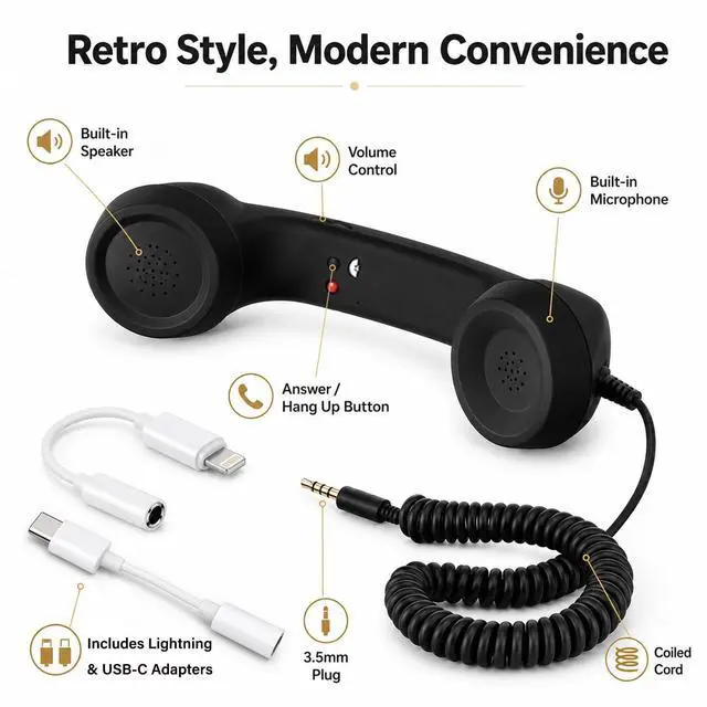 Alt view image 2 of 6 - Phone Handset for Cell Phone, Calls, 3.5mm, USB-C & Lightning | Retro wired handset for calls and video chats, with 3.5mm plug, USB-C and Lightning adapters, mic, speaker and call button