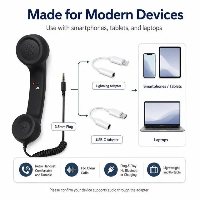 Alt view image 3 of 6 - Phone Handset for Cell Phone, Calls, 3.5mm, USB-C & Lightning | Retro wired handset for calls and video chats, with 3.5mm plug, USB-C and Lightning adapters, mic, speaker and call button