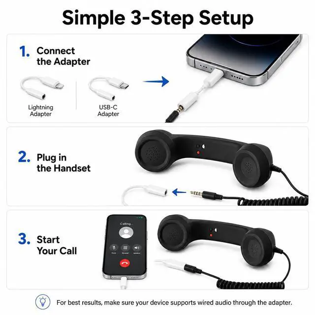 Alt view image 4 of 6 - Phone Handset for Cell Phone, Calls, 3.5mm, USB-C & Lightning | Retro wired handset for calls and video chats, with 3.5mm plug, USB-C and Lightning adapters, mic, speaker and call button