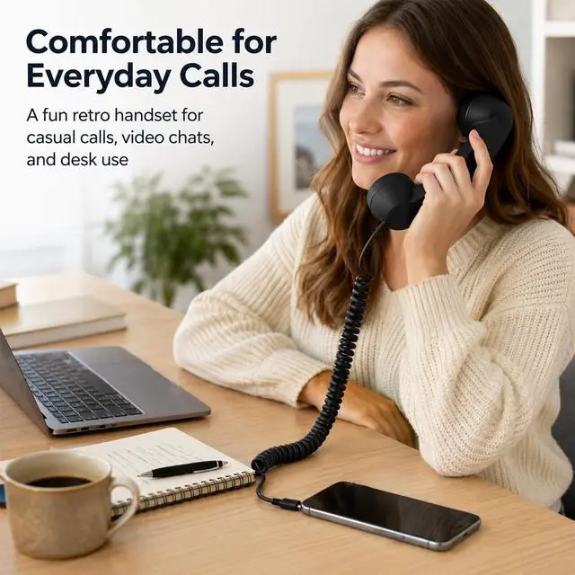 Alt view image 5 of 6 - Phone Handset for Cell Phone, Calls, 3.5mm, USB-C & Lightning | Retro wired handset for calls and video chats, with 3.5mm plug, USB-C and Lightning adapters, mic, speaker and call button