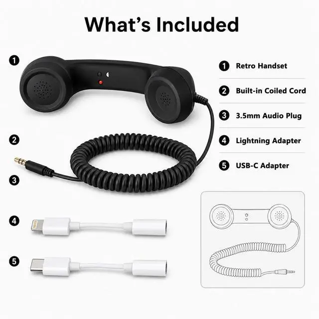Alt view image 6 of 6 - Phone Handset for Cell Phone, Calls, 3.5mm, USB-C & Lightning | Retro wired handset for calls and video chats, with 3.5mm plug, USB-C and Lightning adapters, mic, speaker and call button