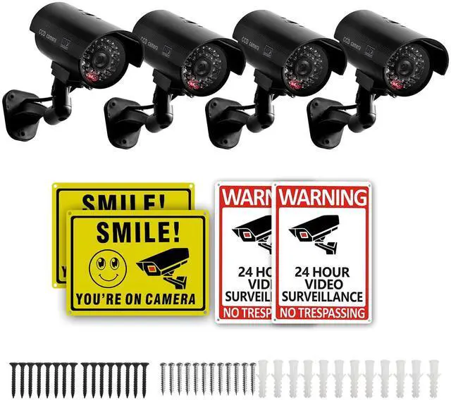 Main image of 4 Packs Fake Security Camera with No Trespassing Signs Smile You're On Camera Warning Signs and Screws, Dummy Cameras with Realistic LED Red Flashing Light for Outdoor Yard& Indoor Use Set Of 8