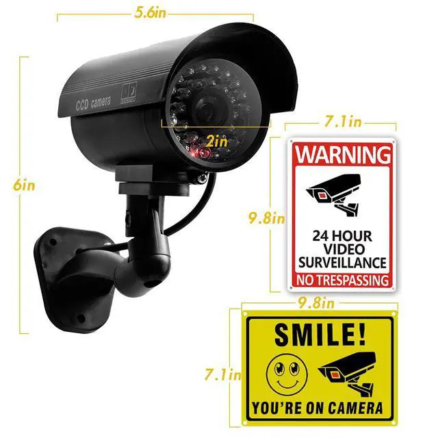 Alt view image 2 of 6 - 4 Packs Fake Security Camera with No Trespassing Signs Smile You're On Camera Warning Signs and Screws, Dummy Cameras with Realistic LED Red Flashing Light for Outdoor Yard& Indoor Use Set Of 8