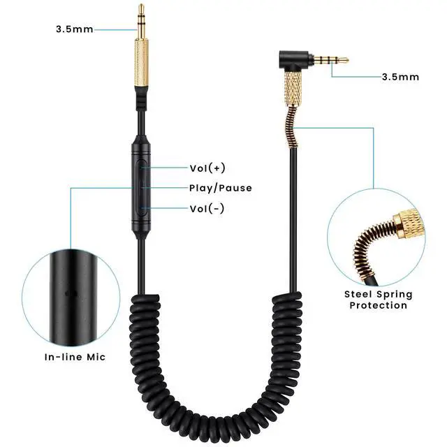 Alt view image 6 of 6 - Studio3 Coiled Audio Cable for Beats Studio Pro, Solo4, Solo3 Headsets, 8ft | 3.5mm in-line Mic & Volume Control Headphone Cord for PS5 Xbox One