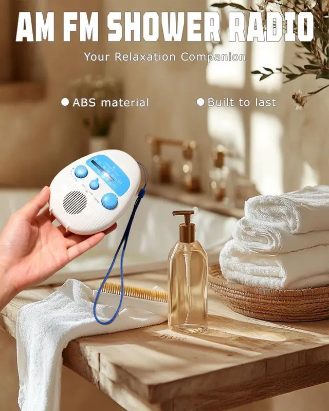 Alt view image 2 of 6 - Shower Radio, Portable AM/FM Radio with Large Rotary Knobs | ABS Material, Rotary Knobs for Easy Tuning, Splash Proof, For Bathroom, Kitchen, Outdoor, Travel
