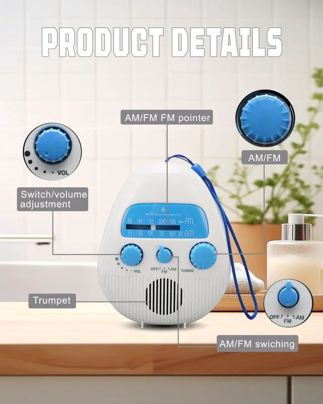 Alt view image 5 of 6 - Shower Radio, Portable AM/FM Radio with Large Rotary Knobs | ABS Material, Rotary Knobs for Easy Tuning, Splash Proof, For Bathroom, Kitchen, Outdoor, Travel