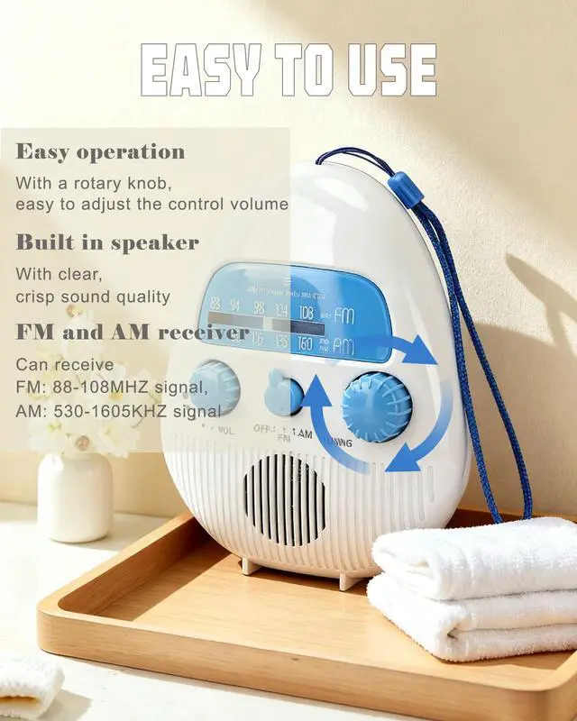 Alt view image 6 of 6 - Shower Radio, Portable AM/FM Radio with Large Rotary Knobs | ABS Material, Rotary Knobs for Easy Tuning, Splash Proof, For Bathroom, Kitchen, Outdoor, Travel