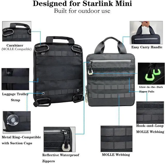 Alt view image 2 of 6 - Starlink Mini Carrying Case,Waterproof Protective Case for Starlink Mini with MOLLE Panels, Carabiner Corners, Padded Handle, Black