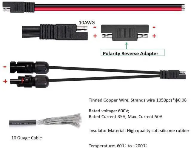 Alt view image 2 of 6 - Solar Panel Connectors 10AWG Compatible with MC-4 Solar Connecter to SAE Adapter PV Extension Cable Wire for RV Caravan Solar Panels Battery Charger kit with Two SAE to SAE Polarity Reverse Adapters