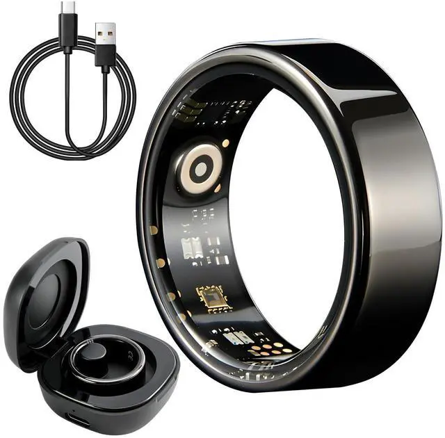 Main image of Smart Ring Health Tracker with Portable Charging Cases, Size 9 | IP68 Waterproof & Heart Rate & Sleep Tracking & ZERO Fees For IOS+Andriod, Fitness Ring for Men & Women, Size 9-11, Black