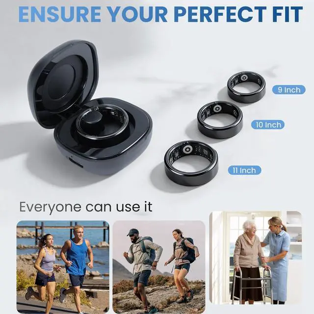 Alt view image 2 of 6 - Smart Ring Health Tracker with Portable Charging Cases, Size 9 | IP68 Waterproof & Heart Rate & Sleep Tracking & ZERO Fees For IOS+Andriod, Fitness Ring for Men & Women, Size 9-11, Black