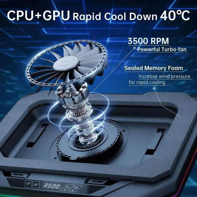 Alt view image 3 of 6 - Cooling Pad for HP Omen 17 16 15 15t Transcend 14 16 MAX 16 Victus 15 16 | Pavilion 14-17 inch Gaming Laptop,with Ultra Powerful Booster Turbo Fan,6 RGB Light Mode,Adjustable Speed,Touch Start