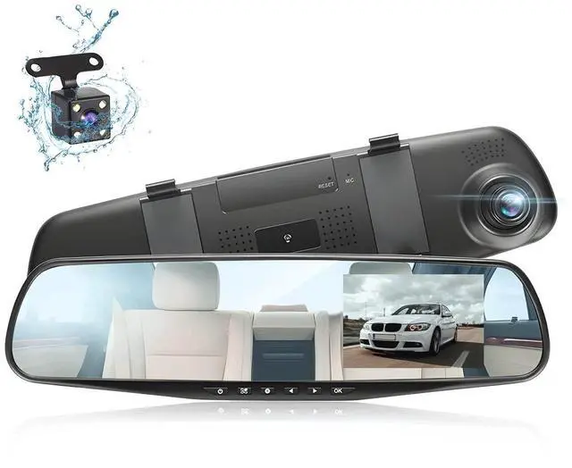 Main image of 4.3 Inch 1080P Rearview Mirror Camera with Front and Rear Dash Cam | Check housing fit, 23FT cable, G-sensor lock, loop capture, parking-assist setup, microSD storage