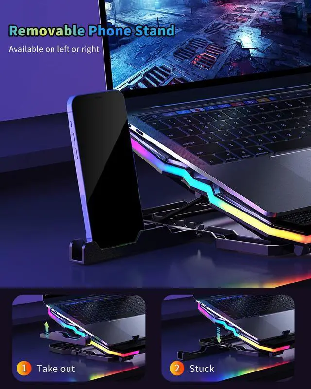 Alt view image 5 of 6 - Upgrade Laptop Cooling Pad A13,RGB Lights Laptop Cooler 6 Fans for up to 15.6 Inch Laptops,10 Modes Light, 7 Height Stands, 2 USB Ports - Blue