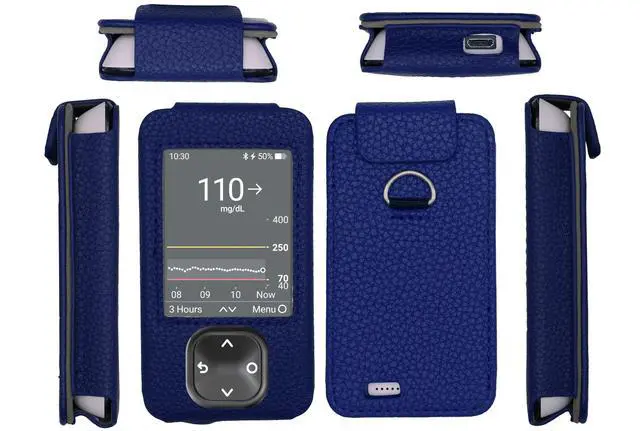 Main image of Dexcom G7 / G6 Receiver Fitted Leather Case W/Screen Protector & Lanyard (Blue)