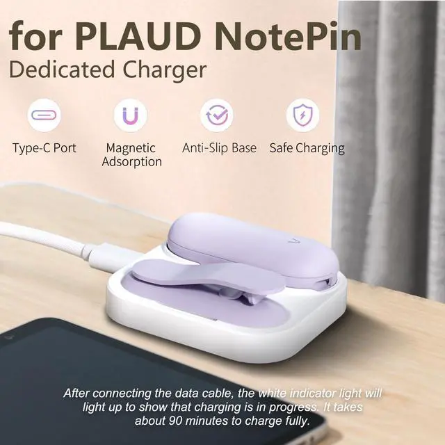 Alt view image 3 of 6 - 2-in-1 Magnetic Charging Dock for PLAUD NotePin Voice Recorder with USB-C Braided Cable, Fast Charging Replacement Accessory for NotePin AI Voice Recorder