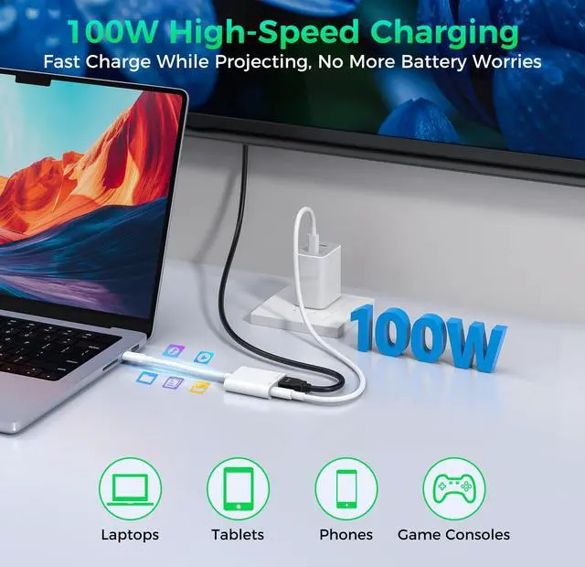 Alt view image 3 of 6 - USB C to HDMI 4K@120Hz TV Adapter with 100W PD Fast Charging for iPhone 17 | Type-C Digital AV Display Hub, Travel-Friendly, Plug & Play, iPhone 17 16 15, iPad, Steam Deck, Switch 2, More USB-C Device