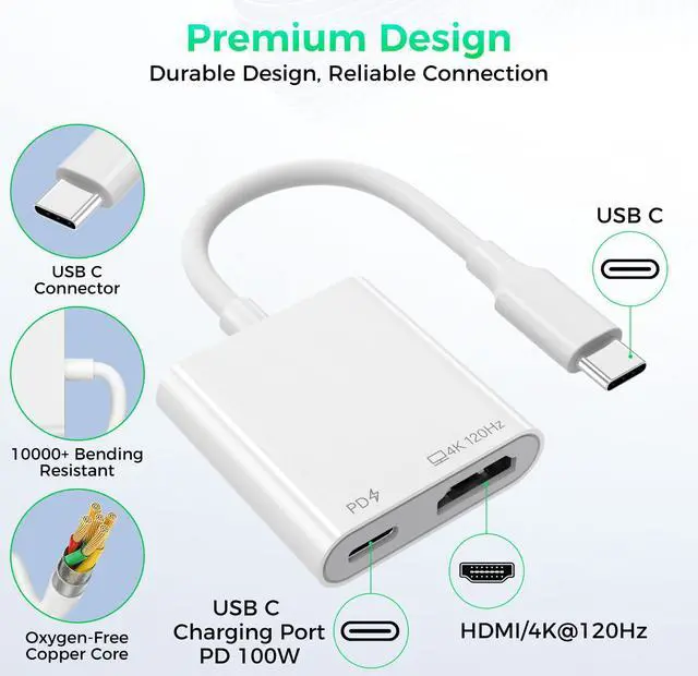 Alt view image 4 of 6 - USB C to HDMI 4K@120Hz TV Adapter with 100W PD Fast Charging for iPhone 17 | Type-C Digital AV Display Hub, Travel-Friendly, Plug & Play, iPhone 17 16 15, iPad, Steam Deck, Switch 2, More USB-C Device