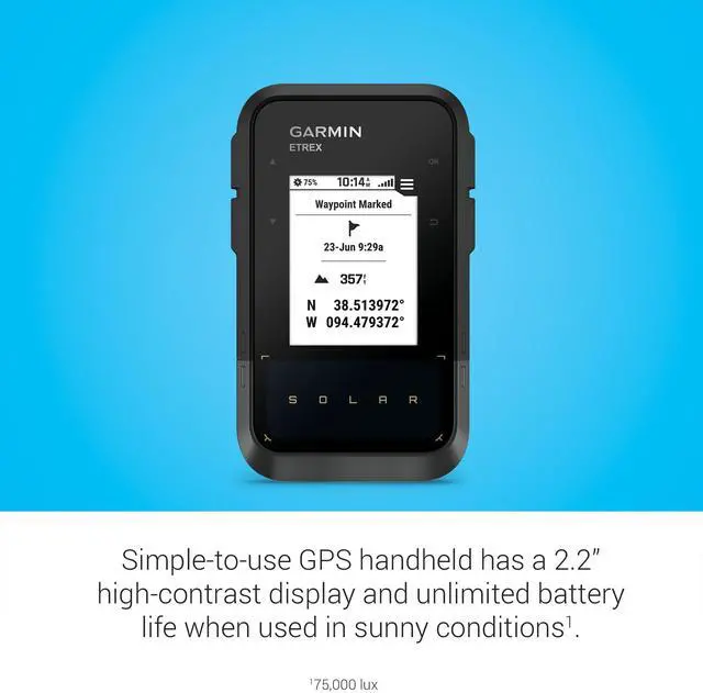 Alt view image 3 of 6 - eTrex® Solar, Rugged & Easy-to-Use GPS Handheld | Essential Navigation Features, Solar Charging, High Resolution Screen, Multi-Band GPS, Water Resistant (IPX7)