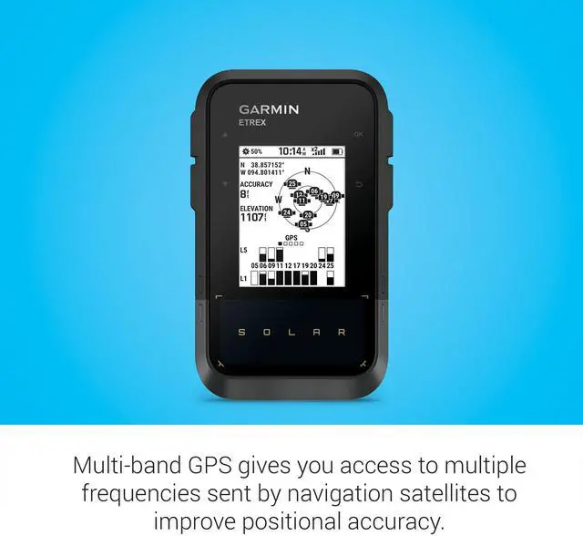 Alt view image 5 of 6 - eTrex® Solar, Rugged & Easy-to-Use GPS Handheld | Essential Navigation Features, Solar Charging, High Resolution Screen, Multi-Band GPS, Water Resistant (IPX7)