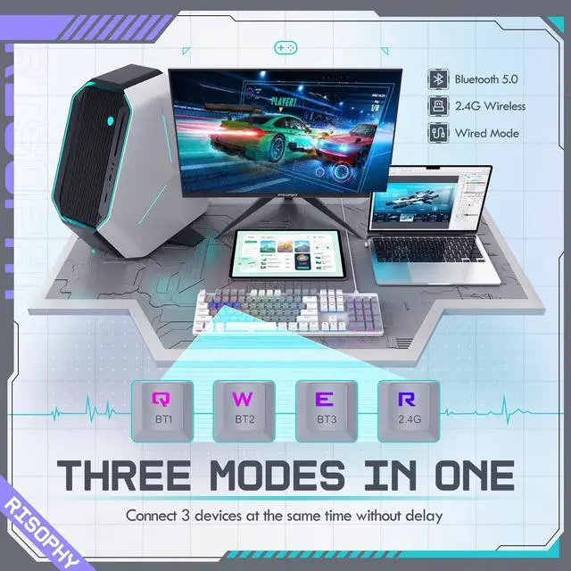 Alt view image 4 of 6 - Wireless Mechanical Keyboard, Triple Mode 2.4G/USB-C/Bluetooth Gaming Keyboard, 104 Keys Programmable, Customize RGB Backlit, Red Switch, Bicolor PBT Keycaps, Rechargeable Wired for Laptop PC