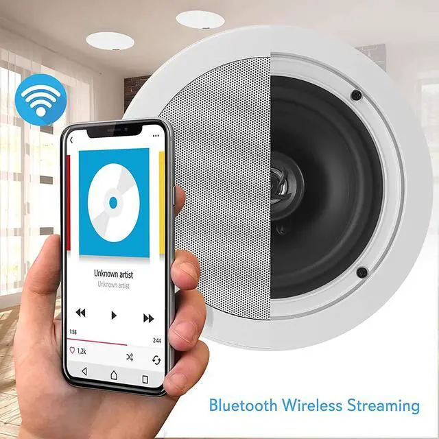 Alt view image 5 of 6 - 5.25 Pair Bluetooth Flush Mount In-wall In-ceiling 2-Way Speaker System Quick Connections Changeable Round/Square Grill Polyprone Cone & Polymer Tweeter Stereo Sound 150 Watt (PDICBT552RD)
