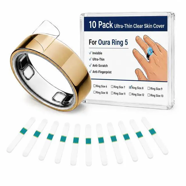 Main image of 10 Packs Clear Protective Films Compatible for Oura Ring 5,Ultra-Thin Invisible Ring Skin, Crystal Clear Anti-Scratch Smart Ring Cover,Bubble-Free Application,Unisex Size 8