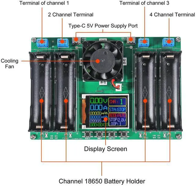 Alt view image 4 of 6 - 1pcs 18650 Lithium Battery Capacity Tester Module MAh MWh Digital Battery Power Detector Module 18650 Tester Type-C (4 Channel)